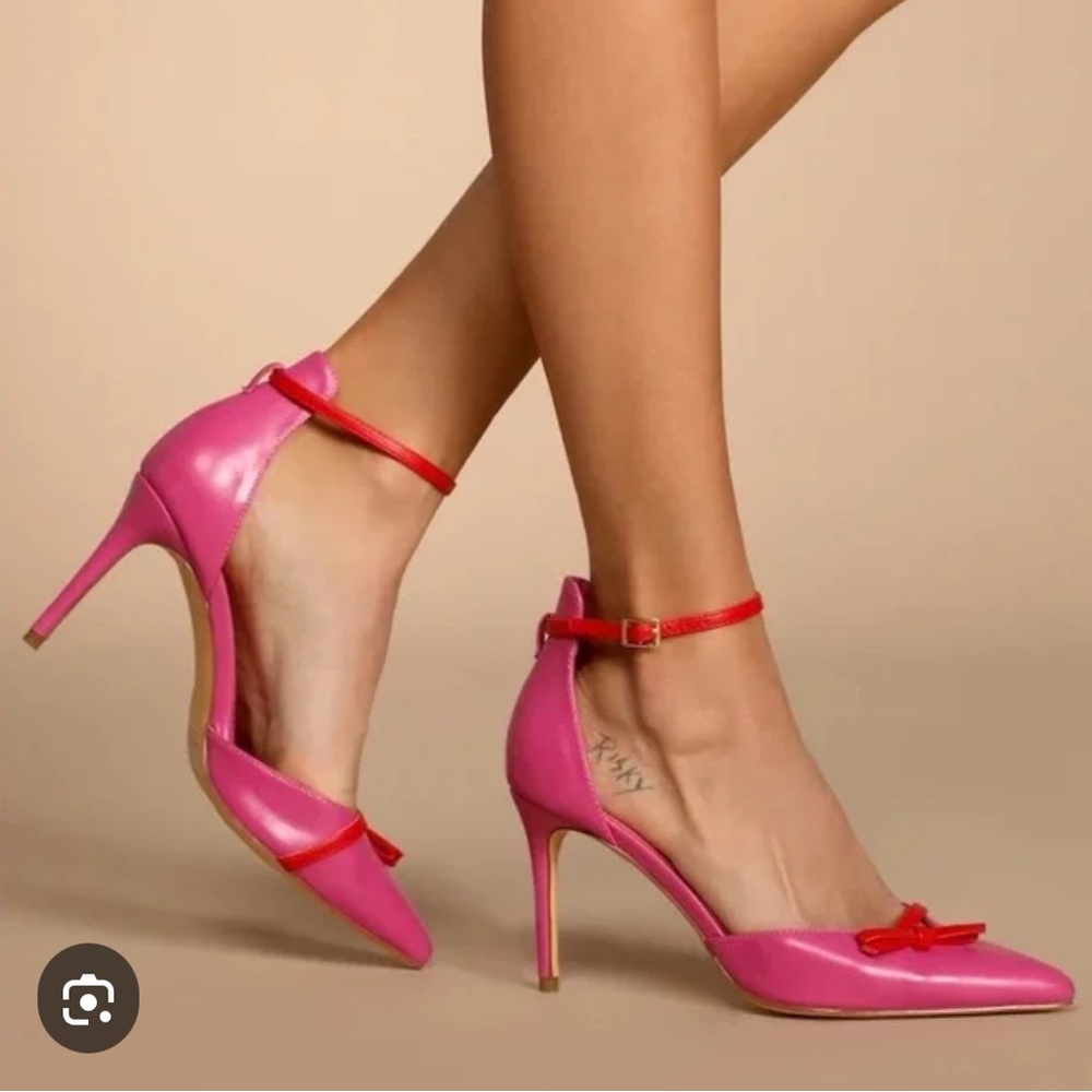 Lulus Syyna Pink And Red Bow Ankle Strap Pumps Sz 8 Barbie Hot Pink BNIB New